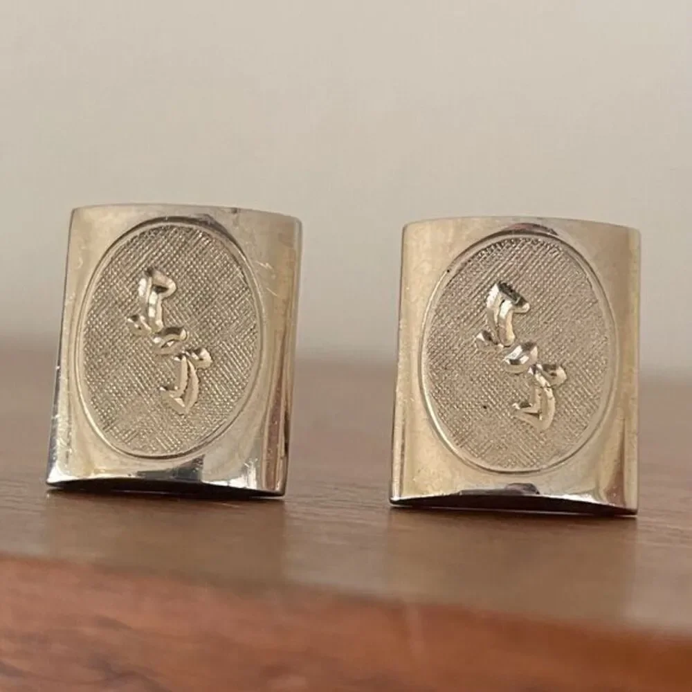 Vintage Gold Tone Etched Curved Square Cufflink Set‎ Rough And Smooth Surface